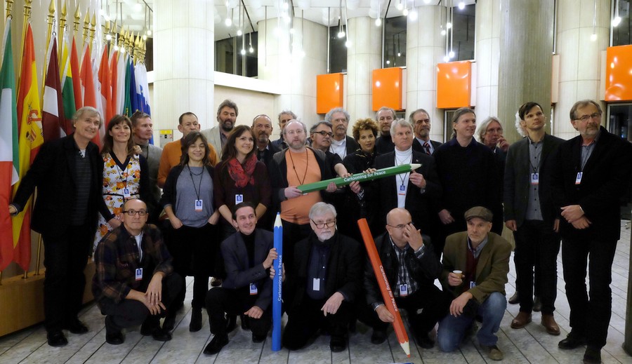 Cartoonists in the EU Parliament Strasbourg 